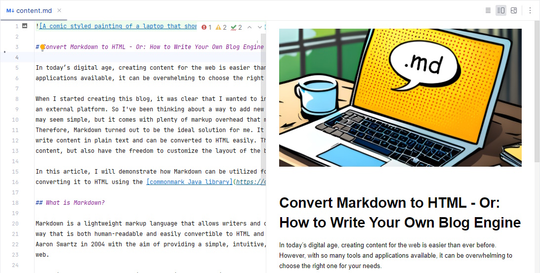 A screenshot of the Markdown editor in IntelliJ IDEA. It shows the Markdown content on the left, and the rendered output on the right.