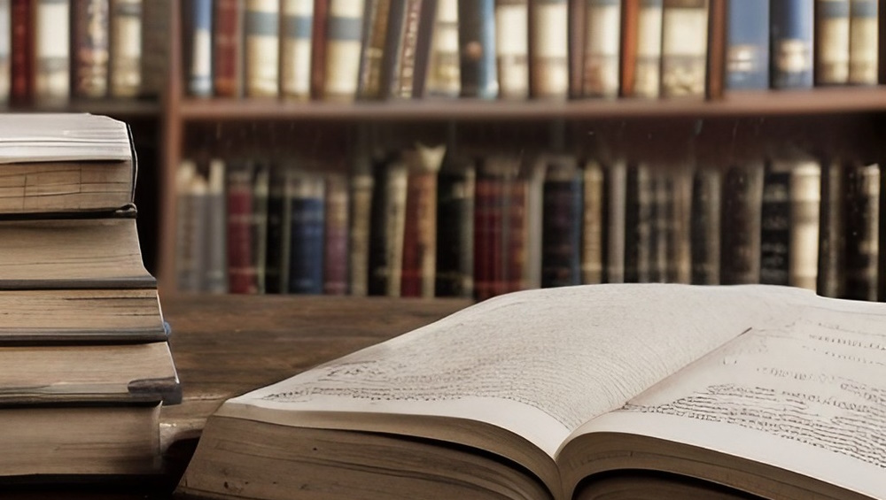 Old books on a wooden table in front of a book shelf.